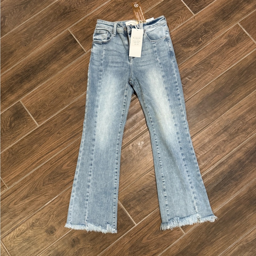 Rise NWT Light Blue Flare Jeans with Frayed Hem